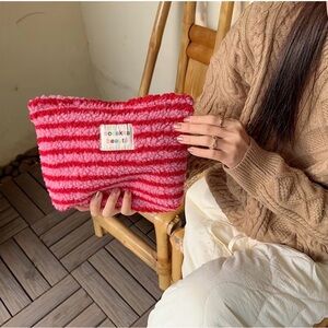 Pink and Red Striped Sherpa Cosmetic Pouch Makeup Bag